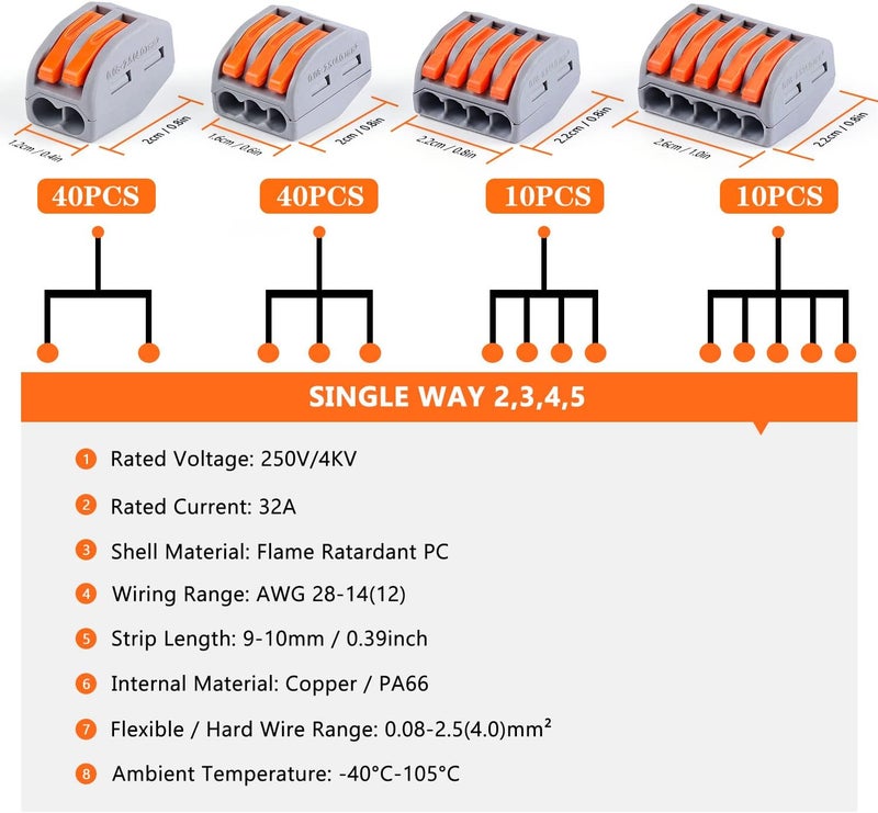 Delgada 100PCS Compact Wire Connector Nuts Kit -Reusable Push-in Terminals for Quick Wire Splicing. Compatible with Stranded, Solid, and Flexible Wires. Includes 2-5 Ports for Universal Wiring - Image 4